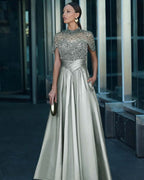 Tulle And Satin High-Neck Short Sleeves Long A-Line Pleated Prom Dress With Pockets And Beadings YK0542