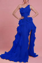 Cocoslly One Shoulder Sleeveless High Waist Long Split Prom Dress With Ruffles And Flowers | Blushing Pink Chiffon YC0489