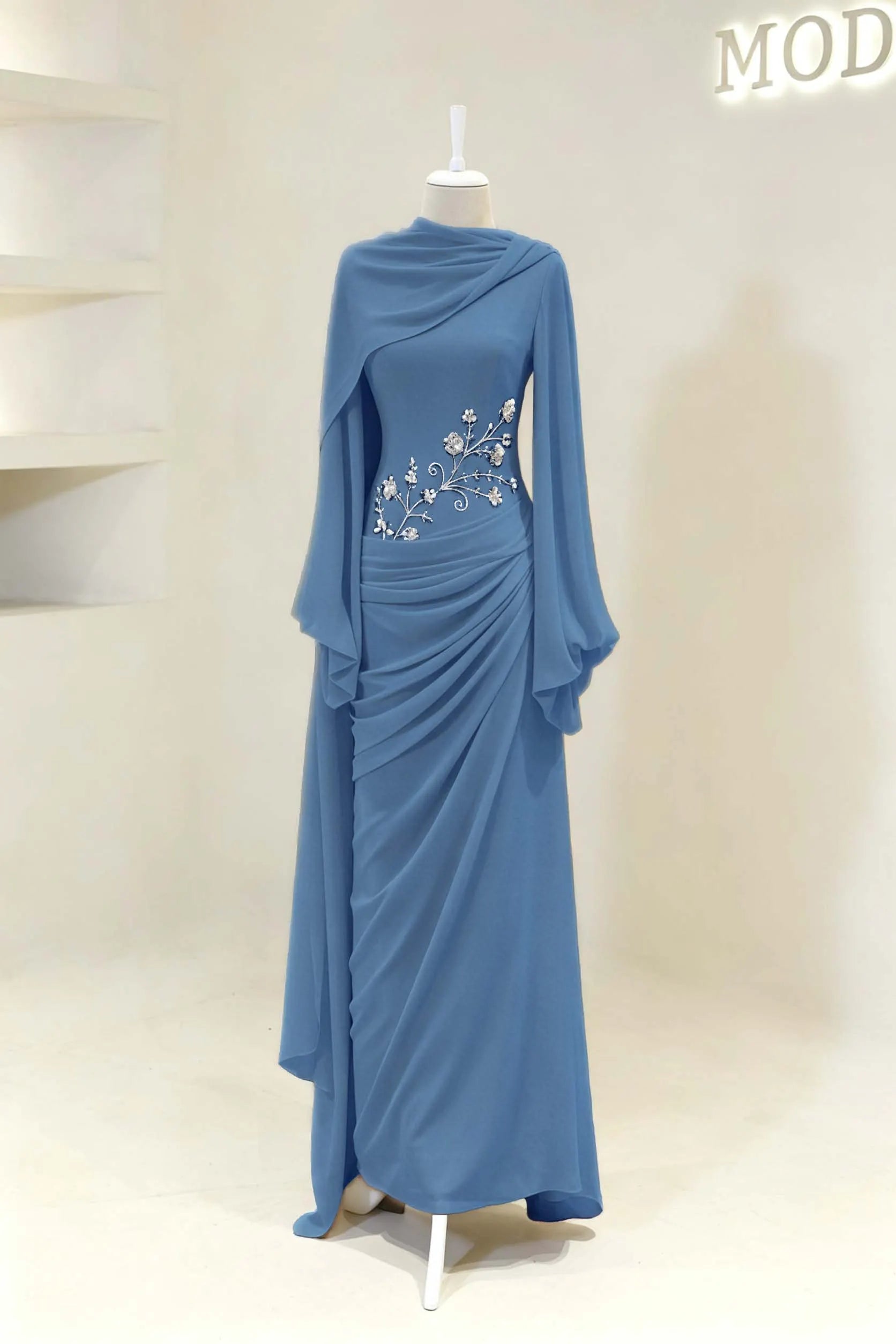 Cocoslly Long Sleeves High Waist Long Prom Dress With Pleated And Beading Pearls | Cabemet Chiffon ZA0710