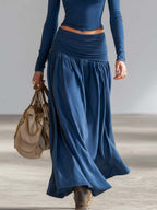 Elegant Sporty Dark Blue Cotton Lapel Zip-front Top And Low-rise Skirt Set