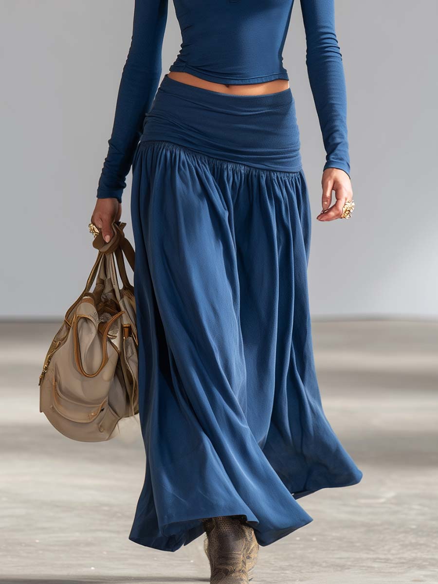 Elegant Sporty Dark Blue Cotton Lapel Zip-front Top And Low-rise Skirt Set