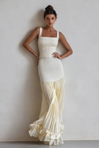 Off White Ruched Split Joint Knit Spaghetti Sleeveless Sheath Maxi Dress