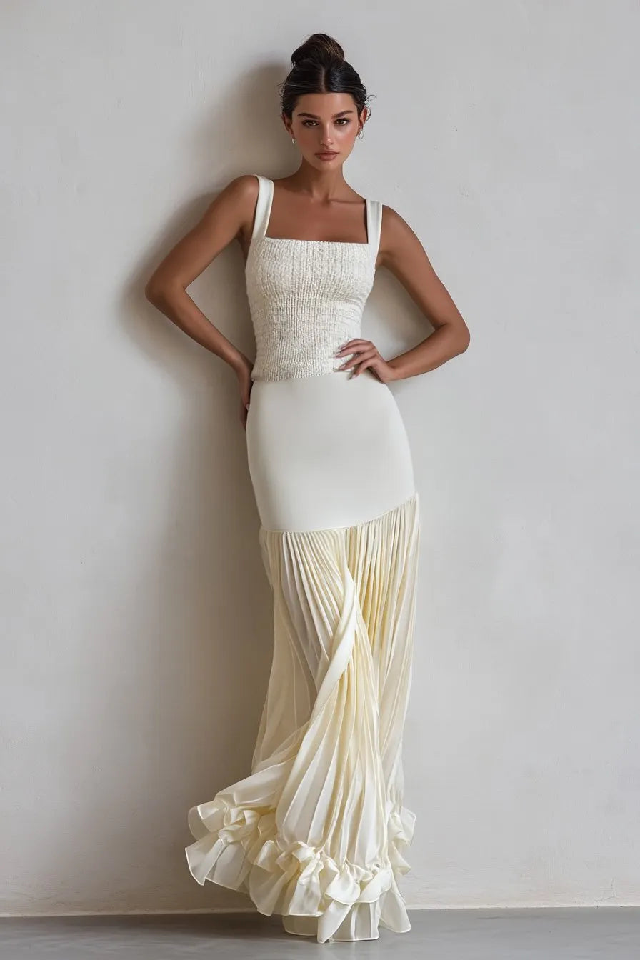 Off White Ruched Split Joint Knit Spaghetti Sleeveless Sheath Maxi Dress