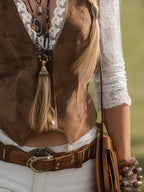 Romantic Western Style Lace Sleeves Brown Suede Shirt