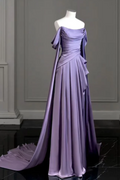 Cocoslly Off-The-Shoulder Pleated Long Prom Dress With Trailing On Both Sides | Purple Satin ZT0580
