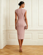 Pink Ruched Classic Crew Neck Cap Sleeve Sheath Midi Dress