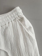 Vacation Retro White Cotton Linen Short-Sleeve Hooded Top And Balloon Pants Set