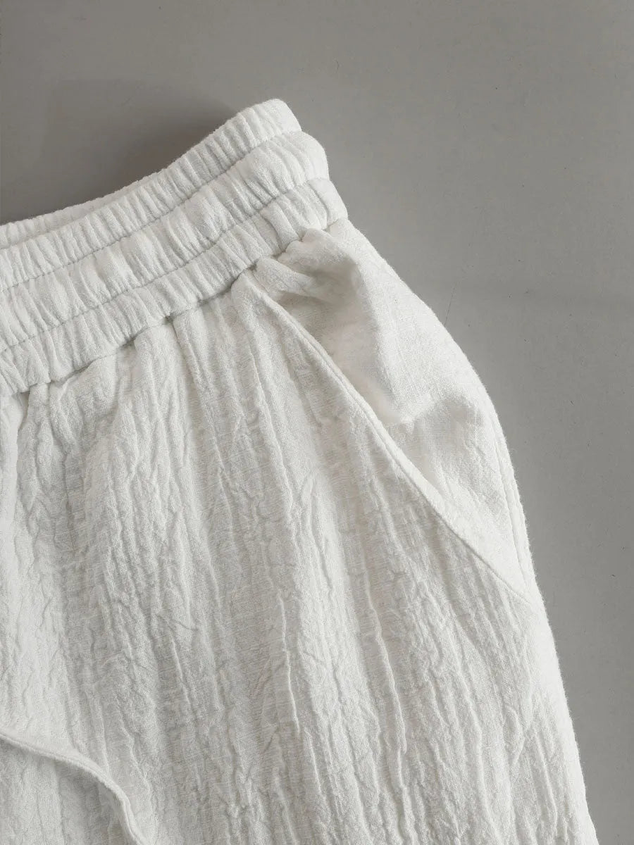 Vacation Retro White Cotton Linen Short-Sleeve Hooded Top And Balloon Pants Set