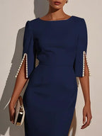 Navy Blue Faux Pearl Classic Crew Neck Half Sleeve Sheath Midi Dress
