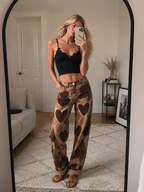 Retro Casual Heart Pattern Versatile Light Brown Denim Pants