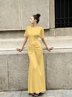 Cocoslly Round Neck Short Sleeves High Waist Long Prom Dress With Pleated | Wine Red Satin DB0023