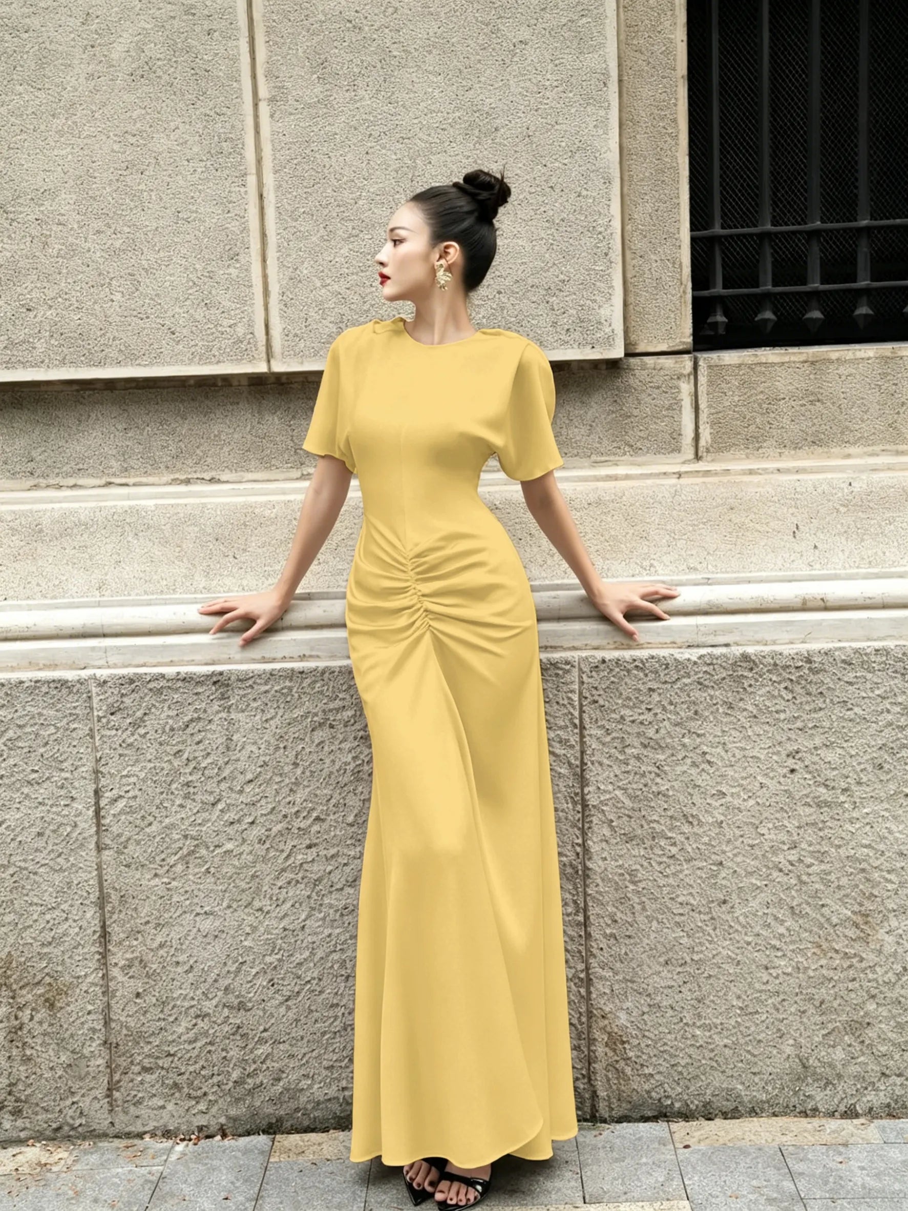 Cocoslly Round Neck Short Sleeves High Waist Long Prom Dress With Pleated | Wine Red Satin DB0023