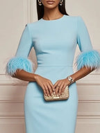 Light Blue Faux Feather Classic Crew Neck Half Sleeve Sheath Midi Dress
