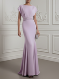 lavender Ruched Classic Boat Neck Cap Sleeve Raglan Sleeves Mermaid Floor-length Gown Dress