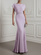 lavender Ruched Classic Boat Neck Cap Sleeve Raglan Sleeves Mermaid Floor-length Gown Dress