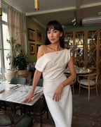 Cocoslly One Shoulder Sleeveless High Waist Long Mermaid Prom Dress | White Satin CO0164