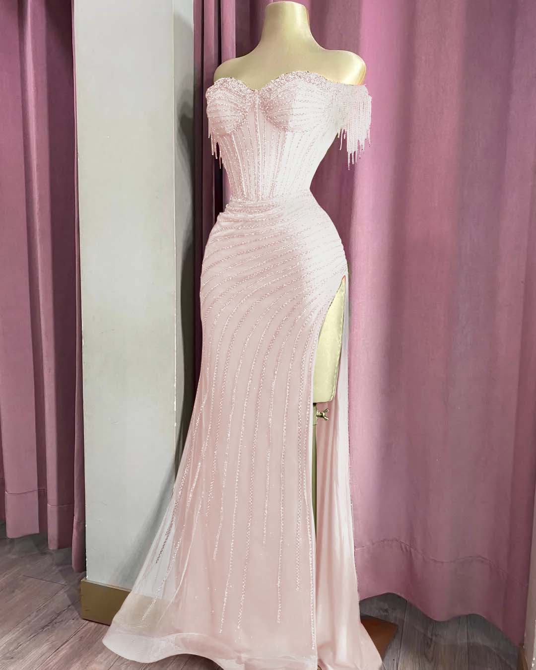 Off the Shoulder Sleeveless Long Split Prom Dress With Beading YK0161