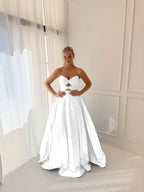 Satin V-Neck Strapless Sleeveless Long A-Line Prom Dress With Pleated And Rhinstone YK0706