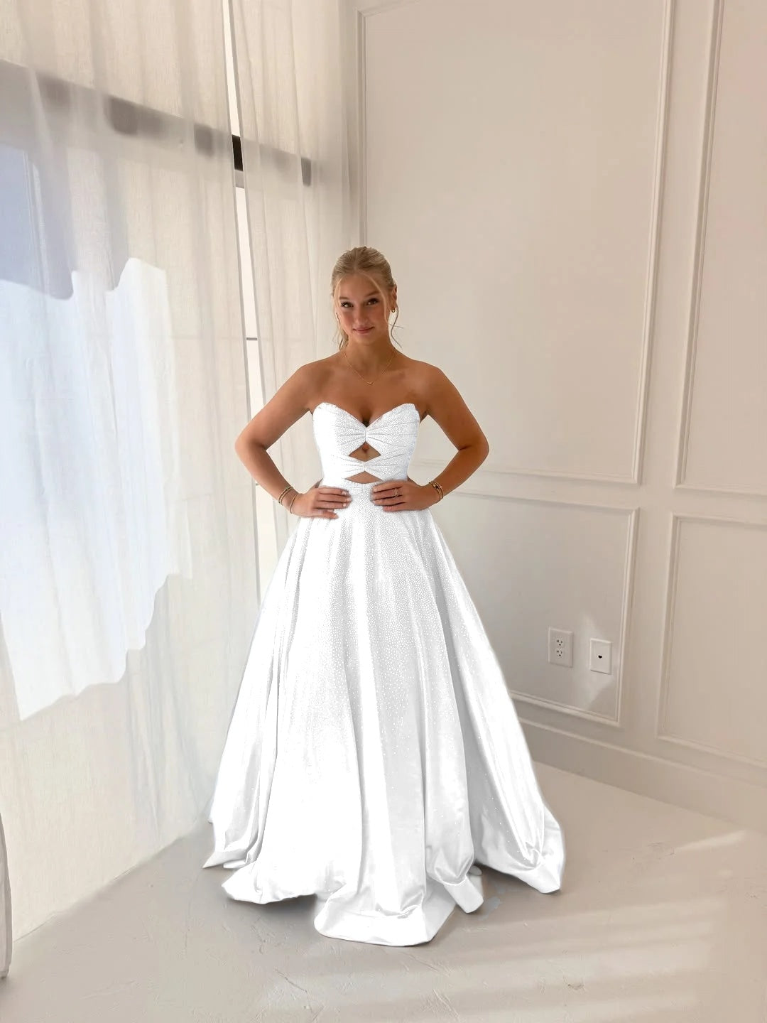 Satin V-Neck Strapless Sleeveless Long A-Line Prom Dress With Pleated And Rhinstone YK0706
