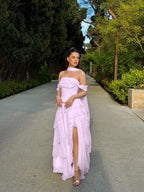 Cocoslly Off-The-Shoulder Sleeveless High Waist Long Split Prom Dress With Ruffles And Scarf | Daffodil Chiffon YK1279