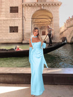 Spaghetti Strap Sleeveless Long Mermaid Prom Dress With Gloves YK0575