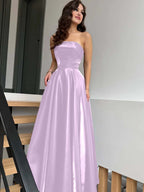 Satin Strapless Sleeveless High-Waisted Long A-Line Prom Dress With Pleated YK0638