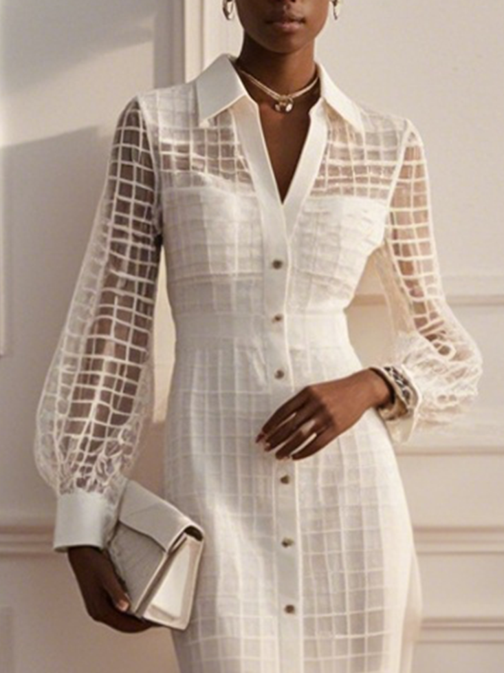 White Organza Shirt Dress Shirt Collar Long Sleeve Balloon Sleeve Sheath Midi Dress