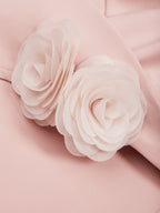 Pink 3D Floral Peplum Off The Shoulder Short Sleeve Sheath Midi Dress