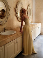 Cocoslly Spaghetti Straps Sleeveless High Waist Long Prom Dress | Glod Champage Chiffon YC0559