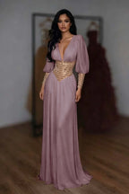 Cocoslly V-Neck Long Sleeves High Waist Long Prom Dress With Rhinstone | White Chiffon LR0373