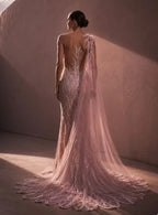 Cocoslly One Shoulder Sleeveless High Waist Long Split Prom Dress With Beading Pearls | Dusty Rose Tulle LX0088