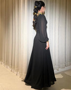 Cocoslly One Shoulder Long Sleeve High Waist Long Prom Dress | Black Chiffon CO0049