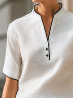 Contrast Trim Notch Collar Short Sleeve Blouse With Minimal Button Placket