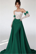 Cocoslly Strapless Sleeveless High Waist Long Mermaid Prom Dress With Long Sleeves And Lace | Blushing Pink Satin