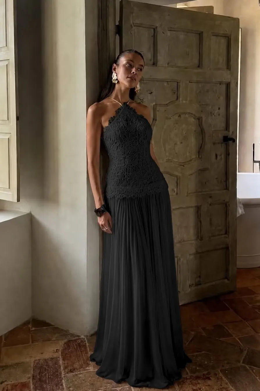 Cocoslly Halter Sleeveless High Waist Long Prom Dress With Appliques | White Chiffon YC0560