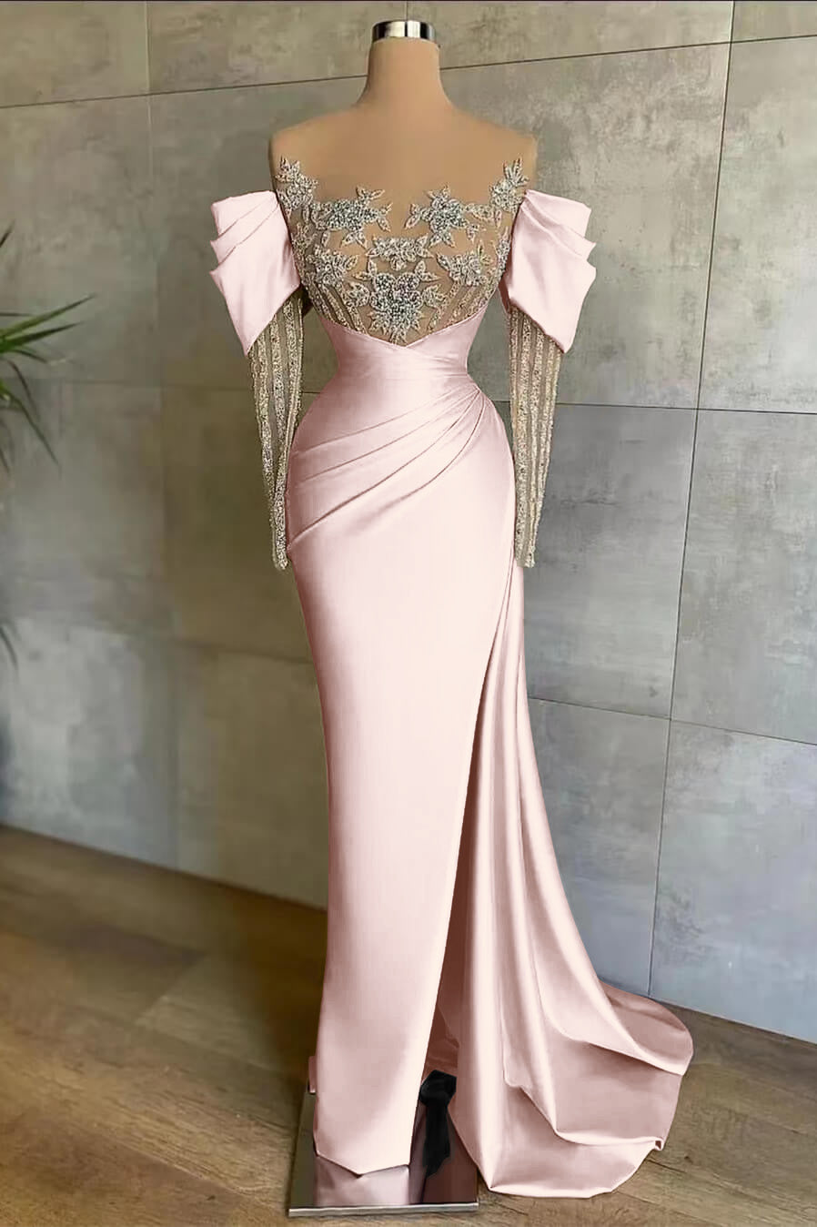 Cocoslly Off-The-Shoulder Long Lace Sleeves Long Split Mermaid Prom Dress With Beaded Applique Embroidery | Pink Satin ED0148