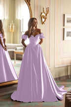 Satin V-Neck Off-The-Shoulder Short Sleeves Long A-Line Prom Dress With Embroidered And Pleated WQ0422
