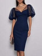 Purplish Blue Mesh Classic V Neck Short Sleeve Puff Sleeve Sheath Midi Dress