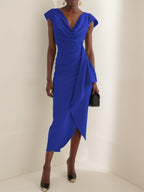 Light Blue Ruched Asymmetric Classic Cowl Neck Cap Sleeve Sheath Midi Dress