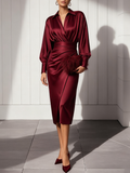 Women Wine Red Lapel Collar Long Sleeve Dressy Top With Skirt Two-Piece Set