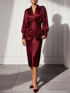 Women Wine Red Lapel Collar Long Sleeve Dressy Top With Skirt Two-Piece Set