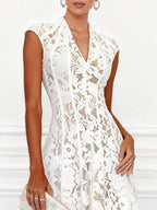 White Lace V Neck Sleeveless A-Line Midi Dress