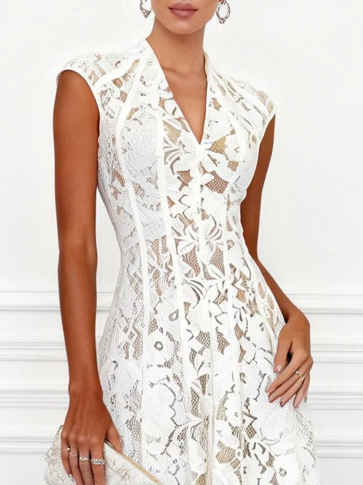 White Lace V Neck Sleeveless A-Line Midi Dress