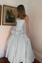 Cocoslly Strapless Sleeveless High Waist Long A Line Prom Dress With Flowers | Nude Pink Satin YC0415