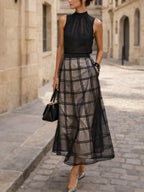 Black Organza Plaid Classic Mock Neck Sleeveless A-Line Midi Dress