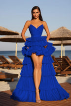 Cocoslly Strapless Sleeveless High Waist Long A Line Prom Dress With Ruffles | Champage Glod Satin YC0487