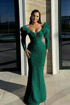 Cocoslly Strapless Long Sleeves High Waist Long Mermaid Prom Dress With Rhinstone And Flowers | Red Sequins WQ0744