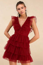 Cocoslly V-Neck Wide Straps Sleeveless Short A-Line Pleated Prom Dress With Ruffles | Black Tulle ZA0212