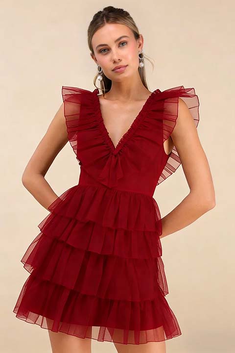 Cocoslly V-Neck Wide Straps Sleeveless Short A-Line Pleated Prom Dress With Ruffles | Black Tulle ZA0212