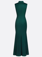 Dark Green Floral Hollow Out Satin Stand Collar Sleeveless Mermaid Gown Dress